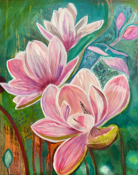 Pink magnolia flowers painted against a green background